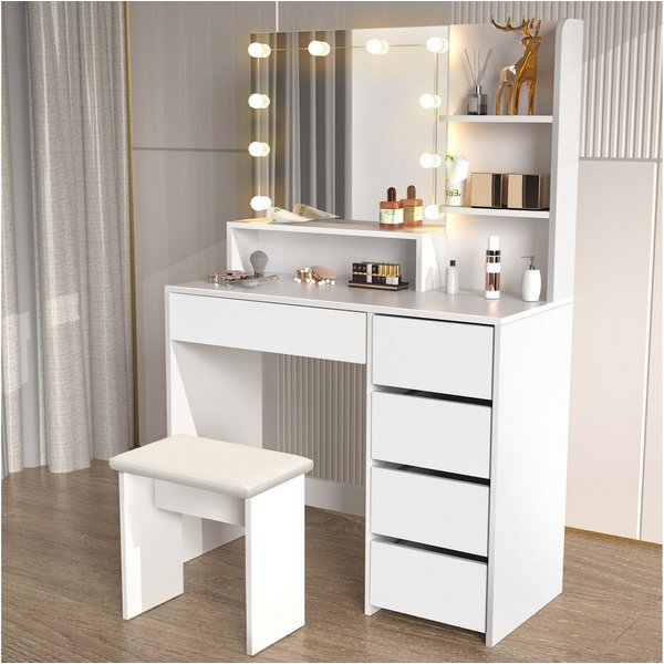 oyajia Schminktisch Schminktisch mit LED-Beleuchtung, Spiegel und Hocker, 94x40x140 cm (Frisiertisch Kosmetiktisch Hollywood, Set), für kleine bis mittelgroße R