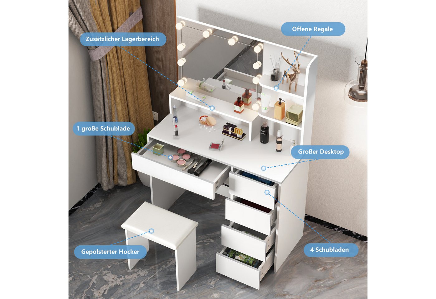 oyajia Schminktisch Schminktisch mit LED-Beleuchtung, Spiegel und Hocker, 94x40x140 cm (Frisiertisch Kosmetiktisch Hollywood, Set), für kleine bis mittelgroße R – Bild 2 von 5
