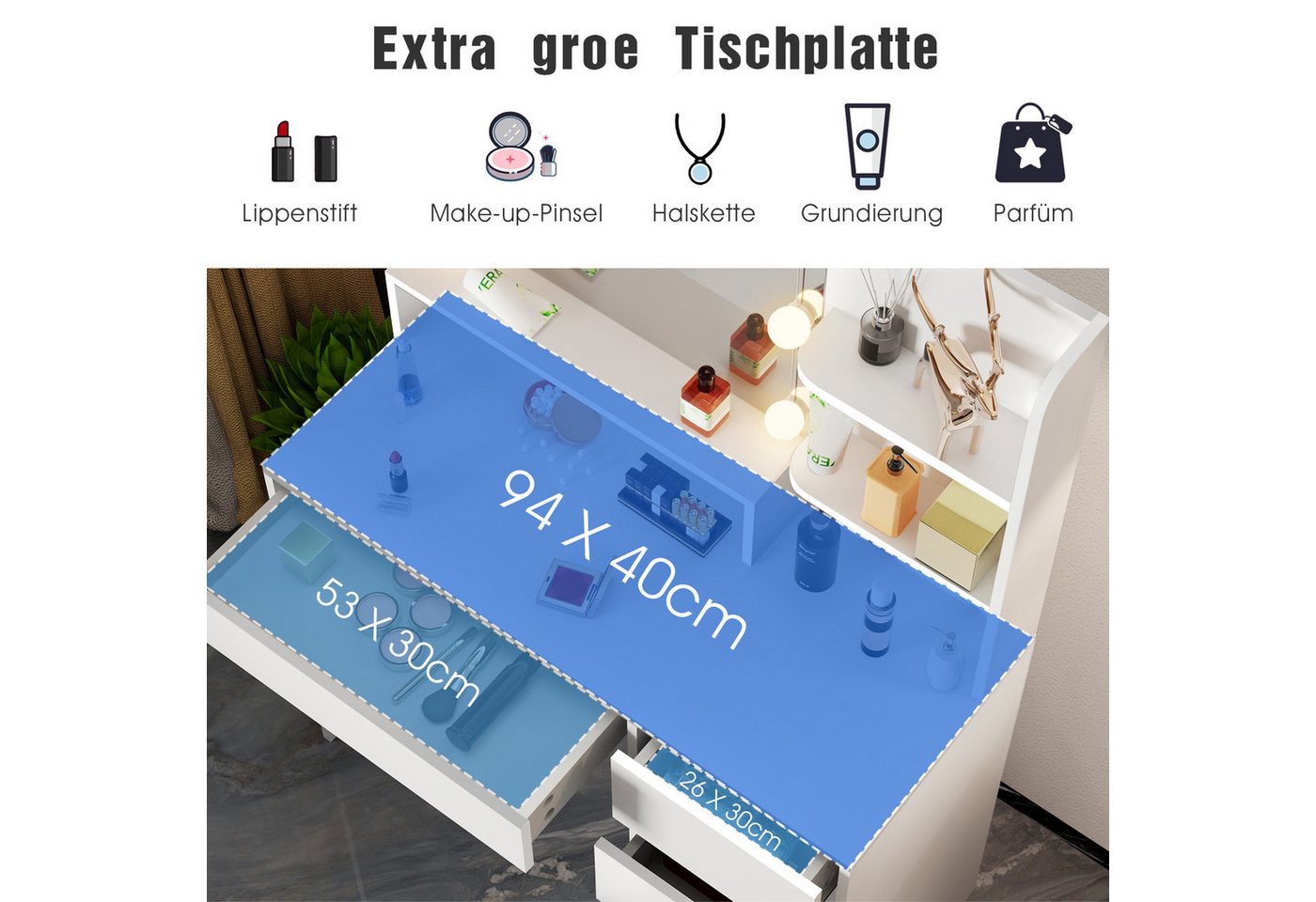 oyajia Schminktisch Schminktisch mit LED-Beleuchtung, Spiegel und Hocker, 94x40x140 cm (Frisiertisch Kosmetiktisch Hollywood, Set), für kleine bis mittelgroße R – Bild 3 von 5