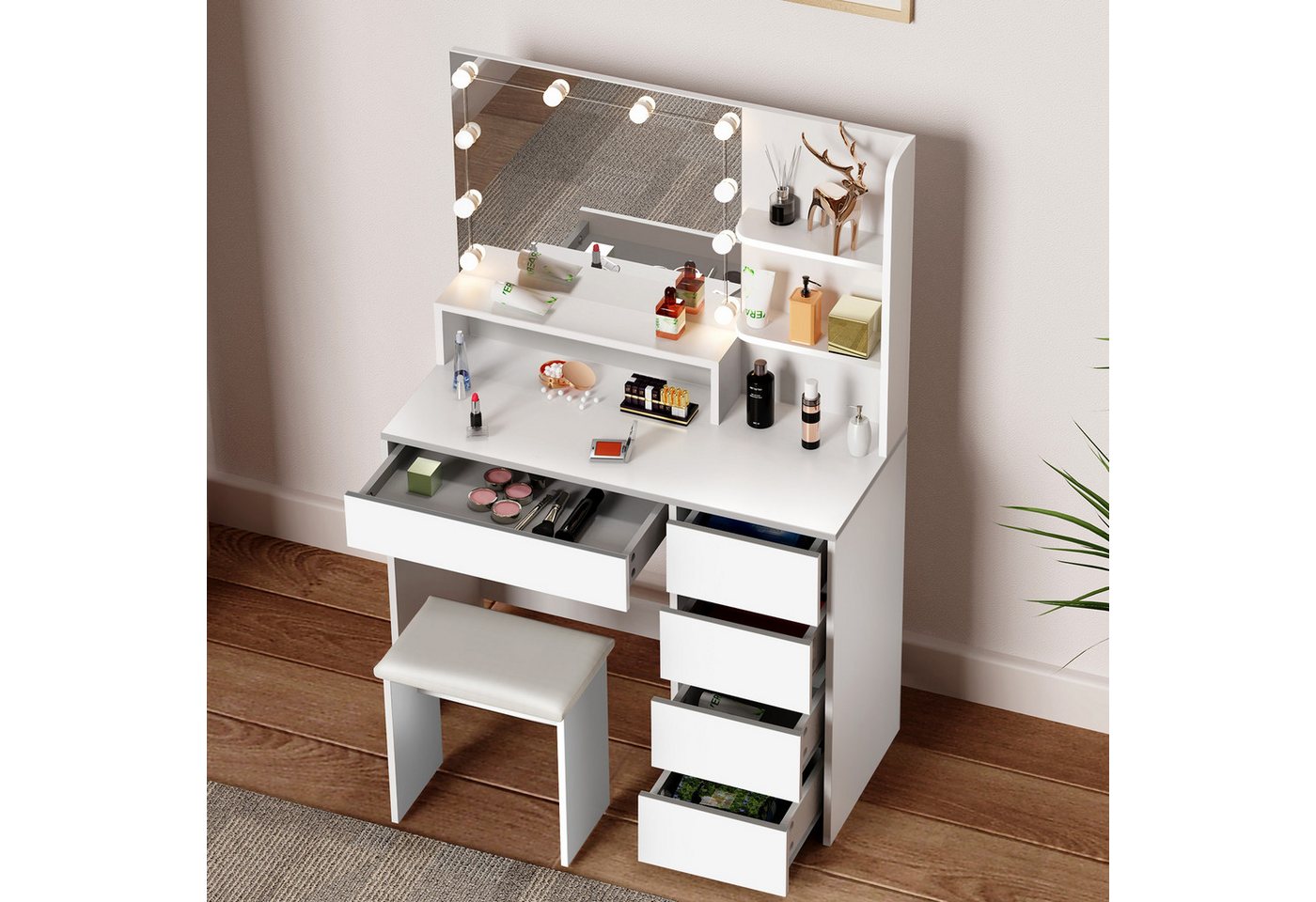 oyajia Schminktisch Schminktisch mit LED-Beleuchtung, Spiegel und Hocker, 94x40x140 cm (Frisiertisch Kosmetiktisch Hollywood, Set), für kleine bis mittelgroße R – Bild 4 von 5