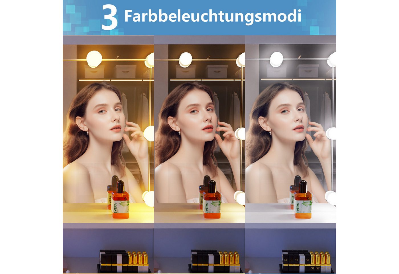 oyajia Schminktisch Schminktisch mit LED-Beleuchtung, Spiegel und Hocker, 94x40x140 cm (Frisiertisch Kosmetiktisch Hollywood, Set), für kleine bis mittelgroße R – Bild 5 von 5