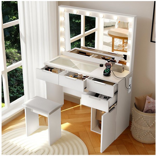 oyajia Schminktisch mit LED Beleuchtung, Gehärtete Glasplatte,mit Stuhl /Ladefunktion (Schlafzimmermöbel Vanity Set, verstellbare dreifarbige Kosmetikspiegel mi