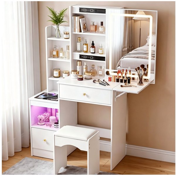 oyajia Schminktisch mit LED-Spiegel, 2 Schubladen & 4 offenen Fächern, 80x35x135 cm (Kosmetiktisch mit kabellose Ladestation, RGB LED Beleuchtung und Hocker), W