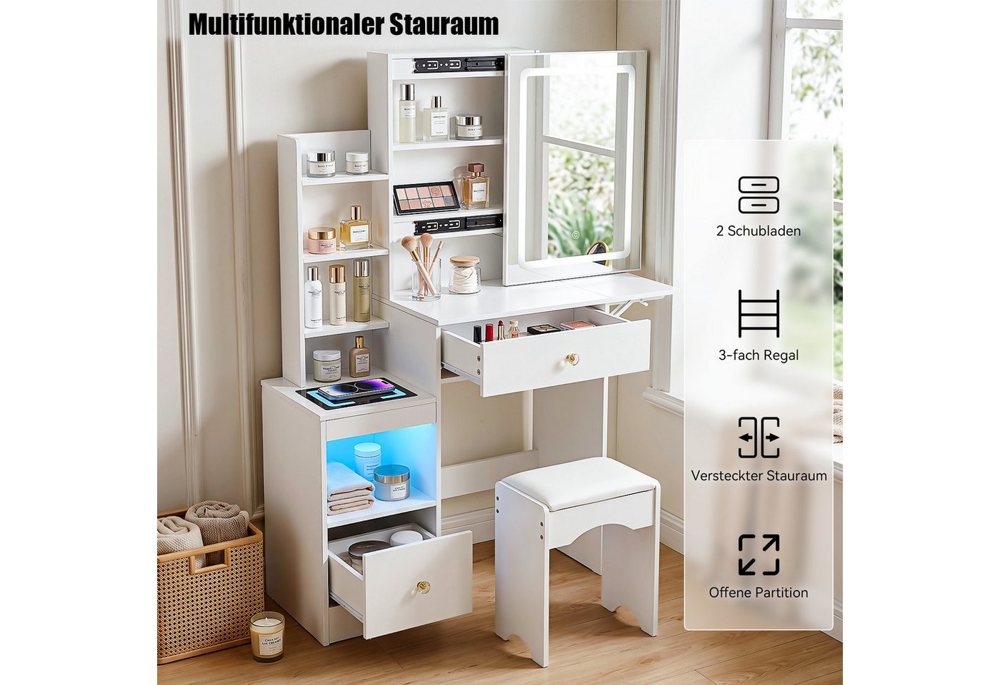 oyajia Schminktisch mit LED-Spiegel, 2 Schubladen & 4 offenen Fächern, 80x35x135 cm (Kosmetiktisch mit kabellose Ladestation, RGB LED Beleuchtung und Hocker), W – Bild 2 von 5