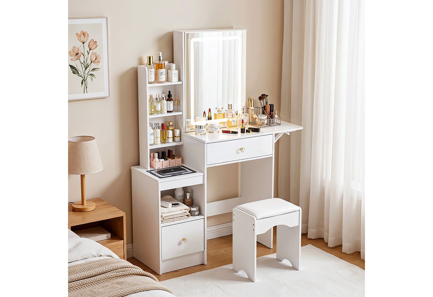 oyajia Schminktisch mit LED-Spiegel, 2 Schubladen & 4 offenen Fächern, 80x35x135 cm (Kosmetiktisch mit kabellose Ladestation, RGB LED Beleuchtung und Hocker), W – Bild 3 von 5