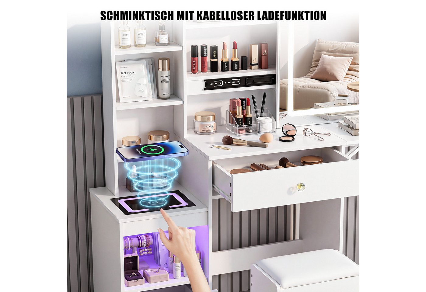 oyajia Schminktisch mit LED-Spiegel, 2 Schubladen & 4 offenen Fächern, 80x35x135 cm (Kosmetiktisch mit kabellose Ladestation, RGB LED Beleuchtung und Hocker), W – Bild 4 von 5
