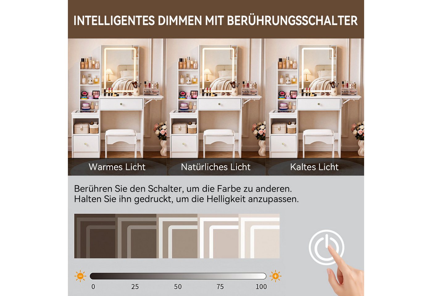 oyajia Schminktisch mit LED-Spiegel, 2 Schubladen & 4 offenen Fächern, 80x35x135 cm (Kosmetiktisch mit kabellose Ladestation, RGB LED Beleuchtung und Hocker), W – Bild 5 von 5