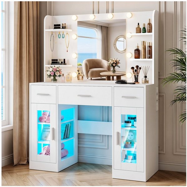 oyajia Schminktisch mit Spiegel, RGB LED-Beleuchtung, Steckdosenleiste (3 Schubladen+4 offene Fächer, 107x140x40 cm), mit Spiegel und 2 luxuriösen transparenten