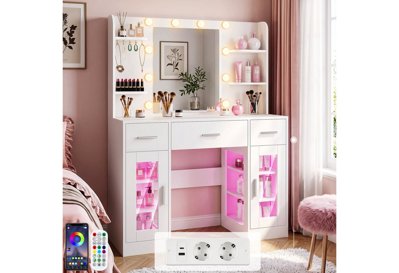 oyajia Schminktisch mit Spiegel, RGB LED-Beleuchtung, Steckdosenleiste (3 Schubladen+4 offene Fächer, 107x140x40 cm), mit Spiegel und 2 luxuriösen transparenten – Bild 2 von 5