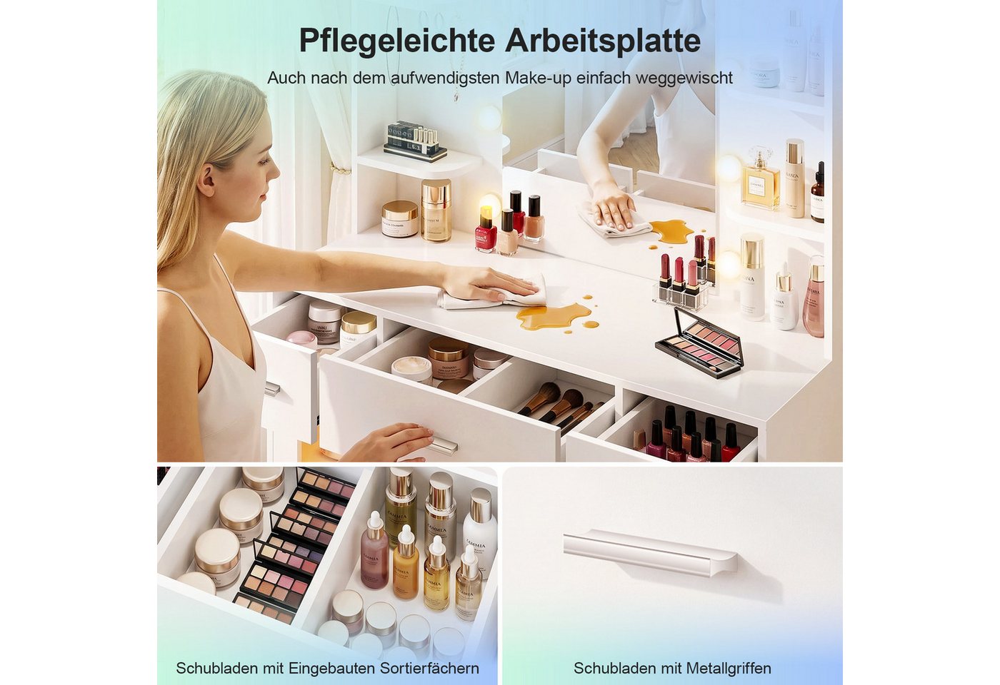 oyajia Schminktisch mit Spiegel, RGB LED-Beleuchtung, Steckdosenleiste (3 Schubladen+4 offene Fächer, 107x140x40 cm), mit Spiegel und 2 luxuriösen transparenten – Bild 5 von 5