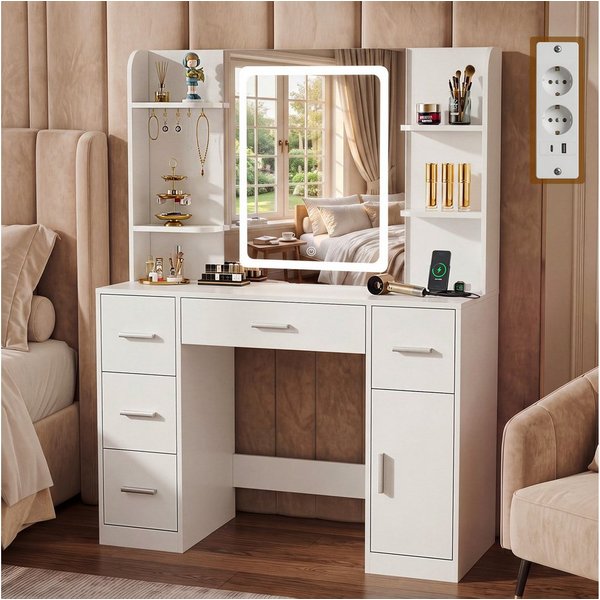 oyajia Schminktisch mit Spiegel und LED-Leuchten, Steckdosenleiste, Schubladen (integrierte Steckdose & USB+type C, modern für Schlafzimmer, GroBe 107*40*140cm)