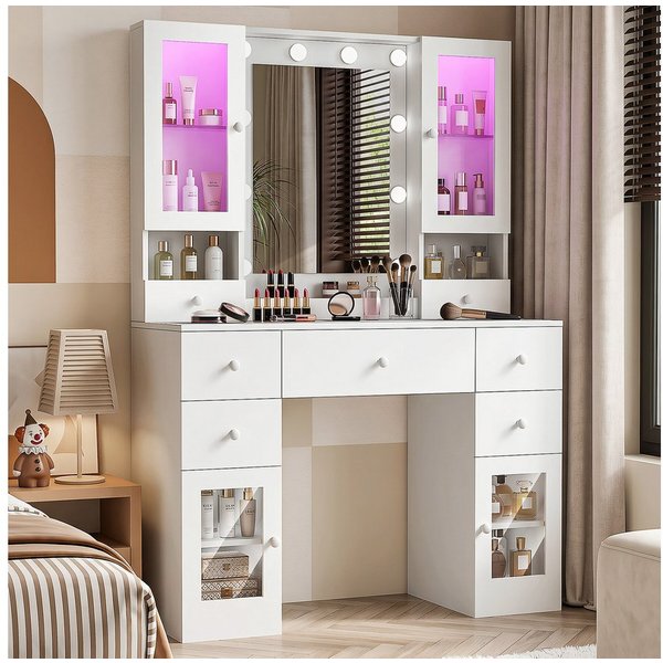 oyajia Schminktisch mit Spiegel und LED-Leuchten, Steckdosenleiste, 5 Schubladen (1 Schränke, 10 dimmbare Glühbirnen, 3 Lichtfarben, 107.5x40x155.5cm), für Ihr 
