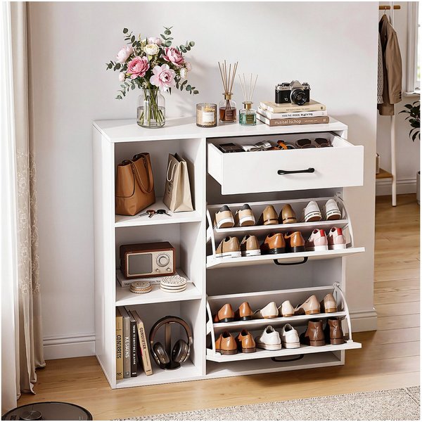 oyajia Schuhschrank Schuhkommode mit 2 Klappen,1 Schublade und 3 Ablagefächer (Schuhkommode Schuhkipper Schuhregal für 12 Paar, B 80 x H 90x T 30 cm)