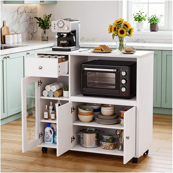 oyajia Sideboard Aufbewahrungsschrank Küchekommode Küchentrolley mit Rollen (Mikrowellenschrank Küchenschrank Rollwagen,mit Schubladen), Viel Stauraum,verstellb