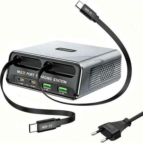OYLCDI 320W Schnellladegerät,6 in 1 Ladestation Mehrere Geräte USB-Ladegerät (USB C Schnellladegerät mit 2 Einziehbaren Kabeln, Klein Ladestation Kompatibel, fü