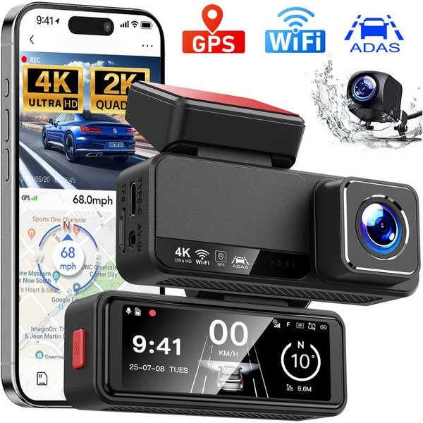 OYLCDI Dashcam Auto,2-Kanal 4K+1080P Autokamera,Mit GPS 3.16 Zoll-Bildschirm Dashcam (ADAS, (WLAN (Wi-Fi), Zeitrafermodus, App-Steuerung Autokamera,140°Ultrawei