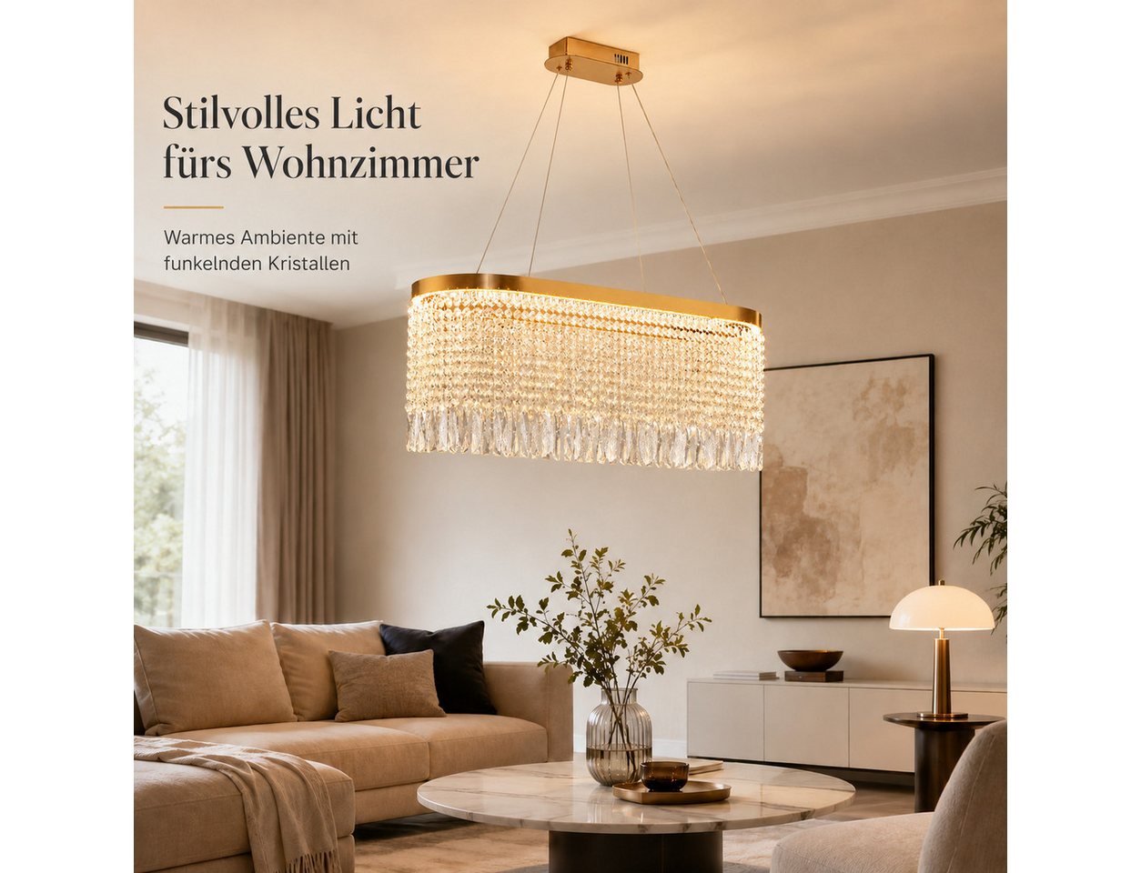 OYLCDI Deckenleuchte Kristall Pendelleuchte, dimmbare Hängelampe 80cm, App & Fernbedienung, LED fest integriert, 70W, 3000K-5700K, goldene Hängelampe mit Fernbe – Bild 2 von 5