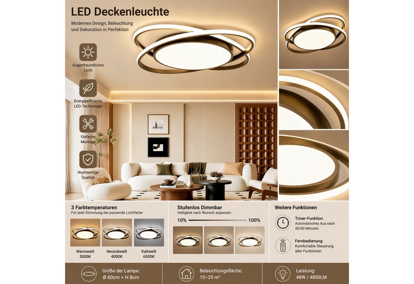 OYLCDI Deckenleuchten LED Deckenlampe Ø40cm,Dimmbar mit Fernbedienung für Wohnzimmer, LED fest integriert, 62W 3000-6500k, Modern Runde Wohnzimmer Schlafzimmer  – Bild 4 von 5