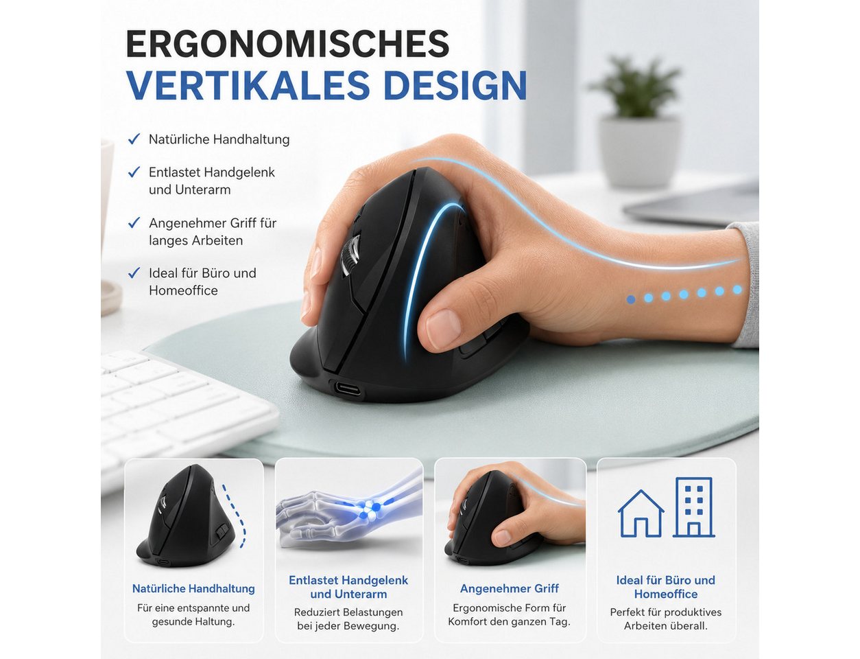 OYLCDI Ergonomische Vertikale Kabellose Maus, Vertikalmaus,Funkmäuse Mäuse (wiederaufladbarer USB-C, Bluetooth & 2,4G Dual-Verbindung, 3 DPI-Stufen 800/1200/160 – Bild 2 von 5