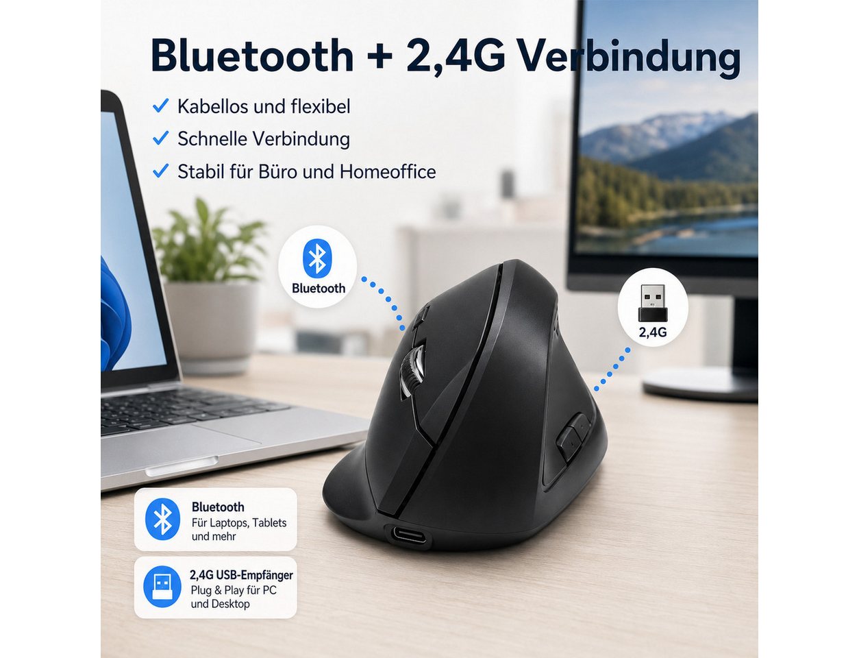 OYLCDI Ergonomische Vertikale Kabellose Maus, Vertikalmaus,Funkmäuse Mäuse (wiederaufladbarer USB-C, Bluetooth & 2,4G Dual-Verbindung, 3 DPI-Stufen 800/1200/160 – Bild 3 von 5