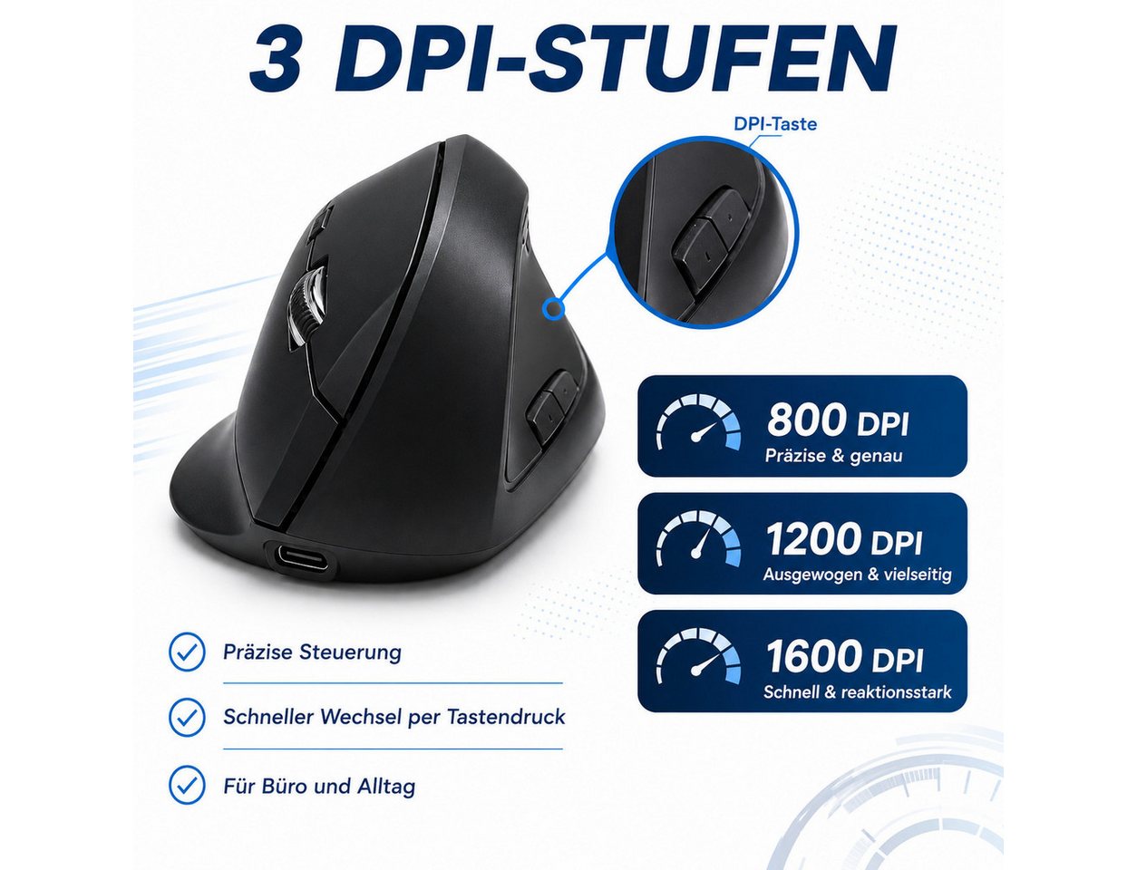 OYLCDI Ergonomische Vertikale Kabellose Maus, Vertikalmaus,Funkmäuse Mäuse (wiederaufladbarer USB-C, Bluetooth & 2,4G Dual-Verbindung, 3 DPI-Stufen 800/1200/160 – Bild 4 von 5