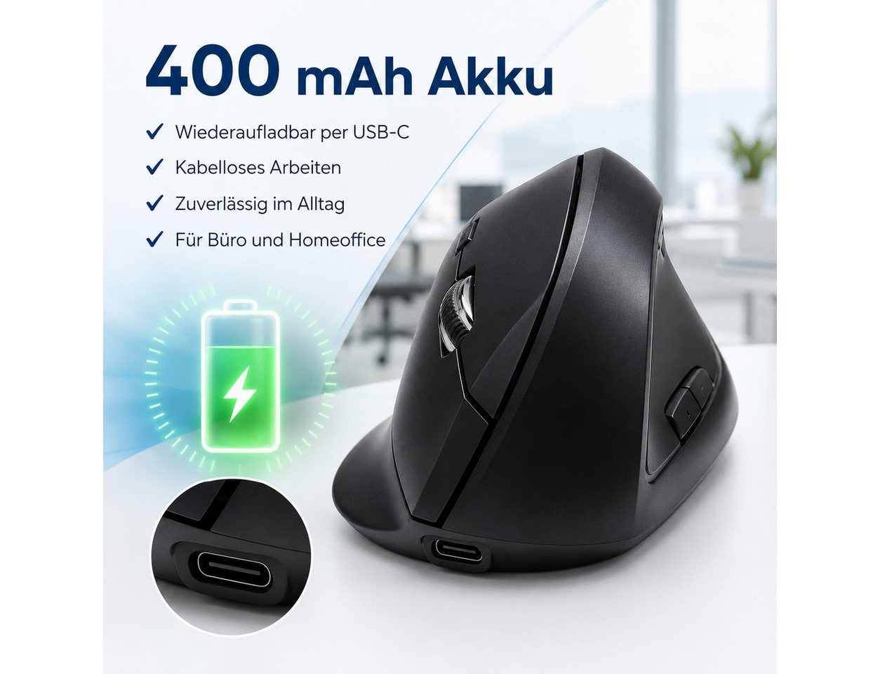 OYLCDI Ergonomische Vertikale Kabellose Maus, Vertikalmaus,Funkmäuse Mäuse (wiederaufladbarer USB-C, Bluetooth & 2,4G Dual-Verbindung, 3 DPI-Stufen 800/1200/160 – Bild 5 von 5