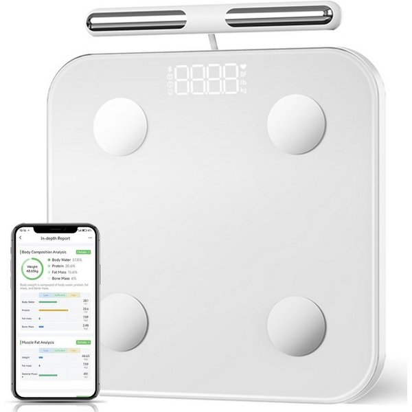 OYLCDI Körper-Analyse-Waage Messung von Körperfett, Muskelanteil, Kalorienanzeige usw., mit App zur Übertragung und Tracking der Messwerte, Full Body Scan, BMI,