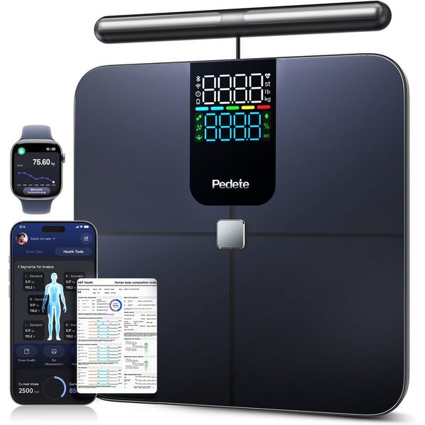 OYLCDI Körper-Analyse-Waage Messung von Körperfett, Muskelanteil, Kalorienanzeige usw., mit App zur Übertragung und Tracking der Messwerte, Full Body Scan, BMI,