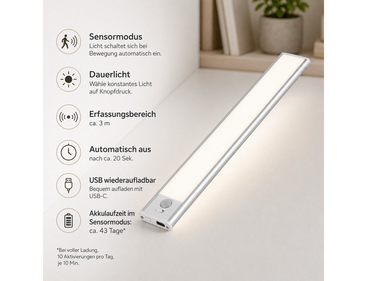 OYLCDI LED Unterbauleuchte LED Lichtleiste mit Bewegungsmelder, dimmbare Akku Schranklampe, LED festintegriert, mit Auto-Modus, 3 Lichtfarben, USB-Ladekabel ink – Bild 3 von 5