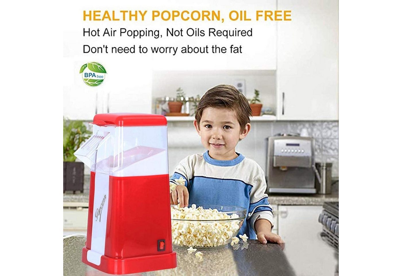 OYLCDI Popcornmaschine Popcornmaschine,Popcorn Maker,Popcornmaschine Heissluft, ohne Öl, 3 Minuten Schnell, Zuhause Filme und Weihnachten Partys – Bild 2 von 5