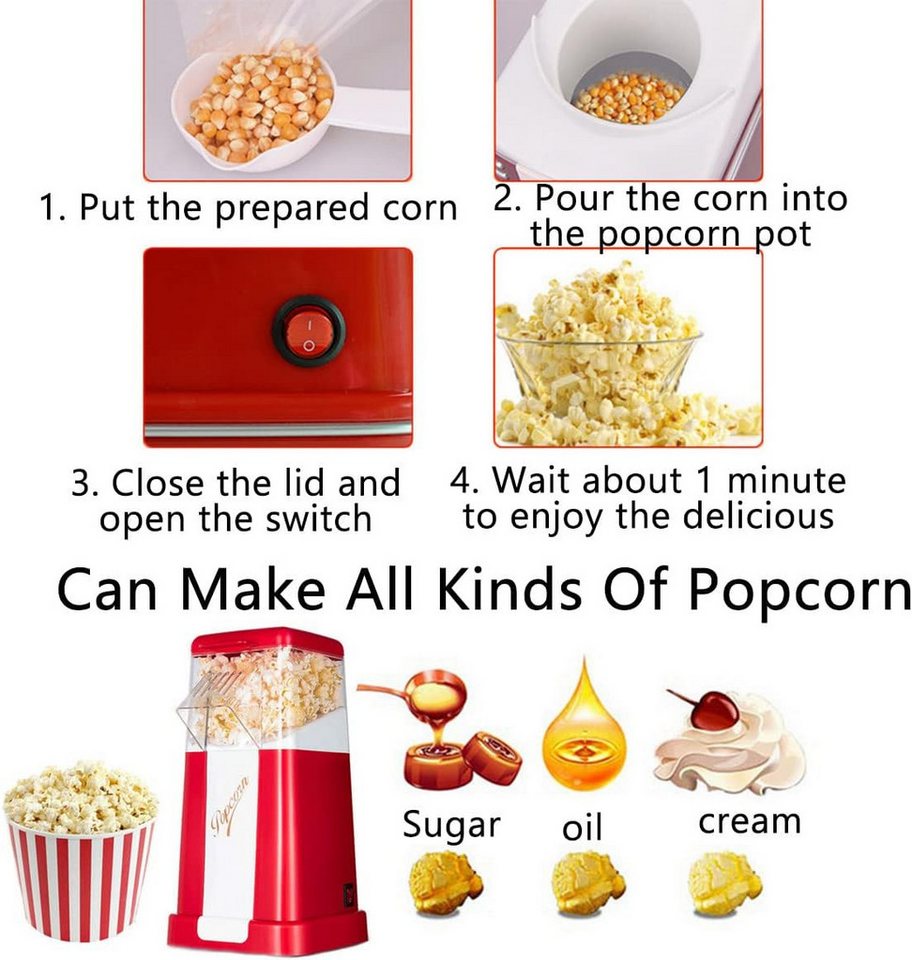 OYLCDI Popcornmaschine Popcornmaschine,Popcorn Maker,Popcornmaschine Heissluft, ohne Öl, 3 Minuten Schnell, Zuhause Filme und Weihnachten Partys – Bild 4 von 5