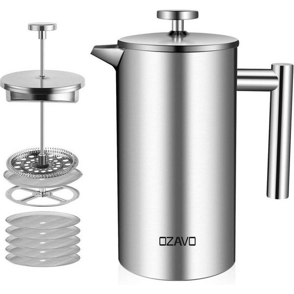 OZAVO Kaffeebereiter Edelstahl Kaffeebereiter doppelwandig mit 5 Edelstahl-Filtern Φ9,5cm, French Press Kanne 1L, Stempelkanne Kaffeepresse für Camping & Büro