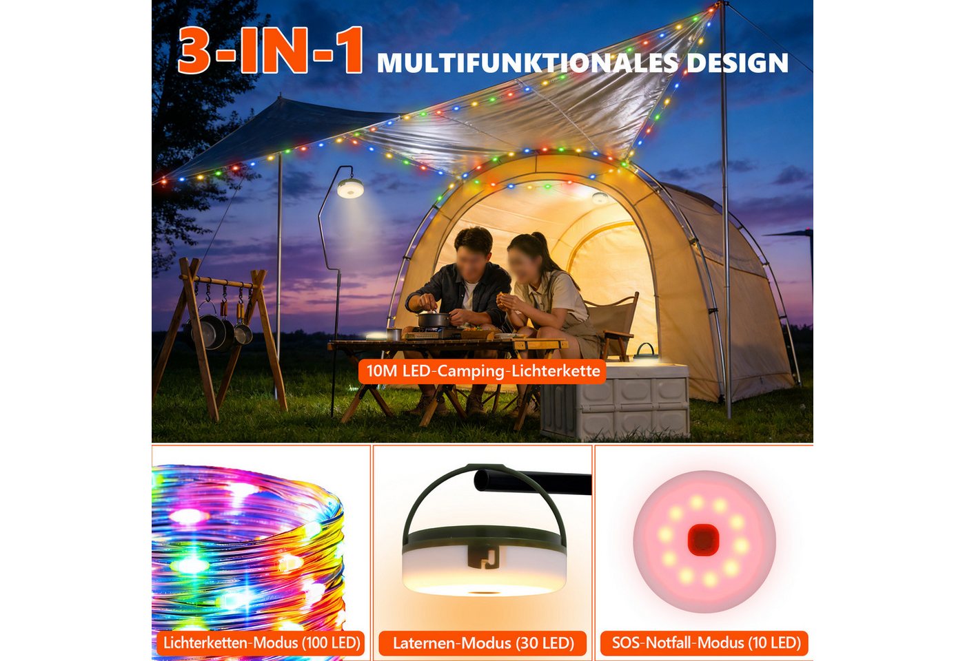 OZAVO LED-Lichterkette Camping Lichterkette 10M Aufrollbare 3-in-1 LED Lichterkette, 100-flammig, mit Fernbedienung & Timer&3 Modi,Solar und USB-Aufladung – Bild 2 von 5