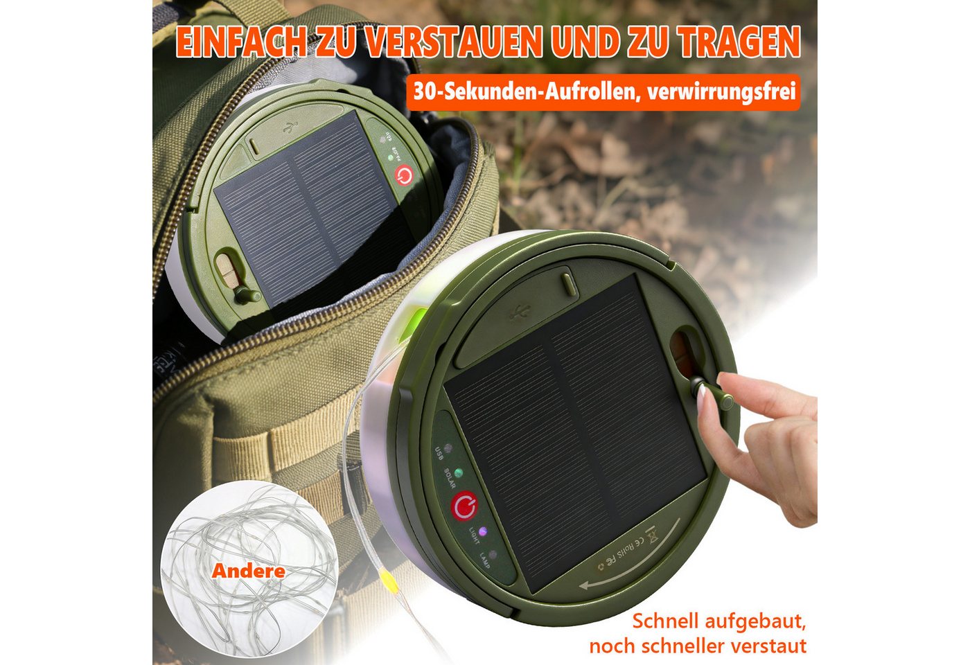 OZAVO LED-Lichterkette Camping Lichterkette 10M Aufrollbare 3-in-1 LED Lichterkette, 100-flammig, mit Fernbedienung & Timer&3 Modi,Solar und USB-Aufladung – Bild 4 von 5