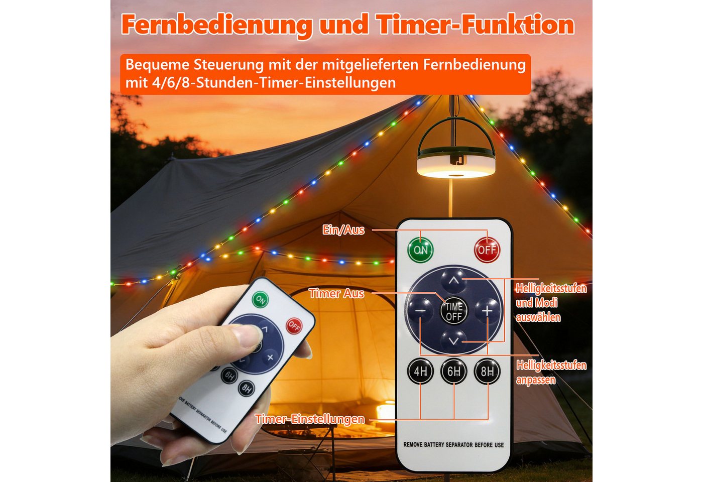 OZAVO LED-Lichterkette Camping Lichterkette 10M Aufrollbare 3-in-1 LED Lichterkette, 100-flammig, mit Fernbedienung & Timer&3 Modi,Solar und USB-Aufladung – Bild 5 von 5
