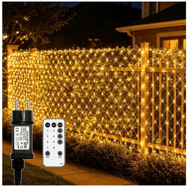 OZAVO LED-Lichternetz 3x2m,200 LED Lichterkette Außen mit Fernbedienung & Timer & 8 Modi, 200-flammig, Wasserdicht Lichternetz Innen für Büsche, Garten, Balkon 