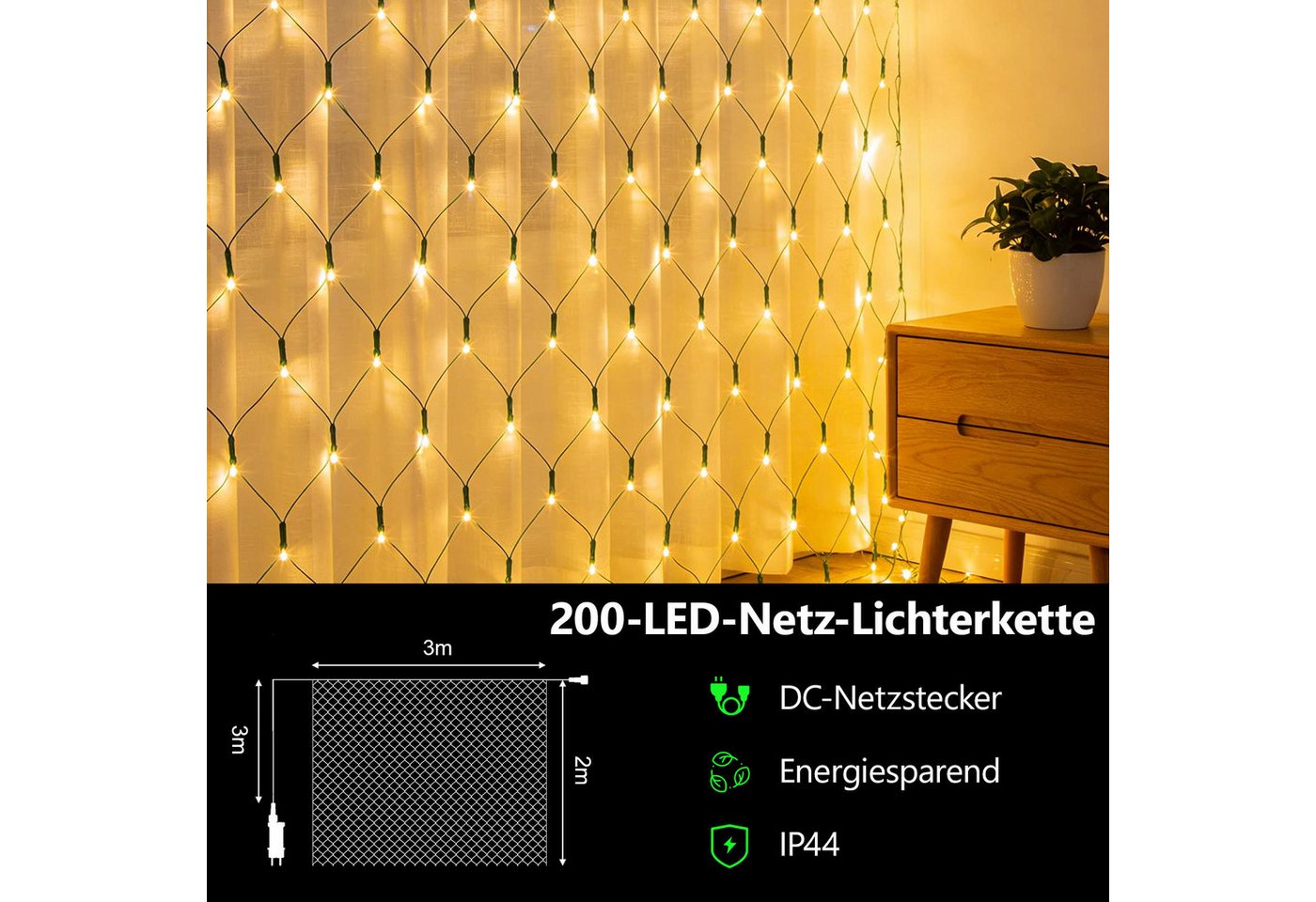 OZAVO LED-Lichternetz 3x2m,200 LED Lichterkette Außen mit Fernbedienung & Timer & 8 Modi, 200-flammig, Wasserdicht Lichternetz Innen für Büsche, Garten, Balkon  – Bild 2 von 5