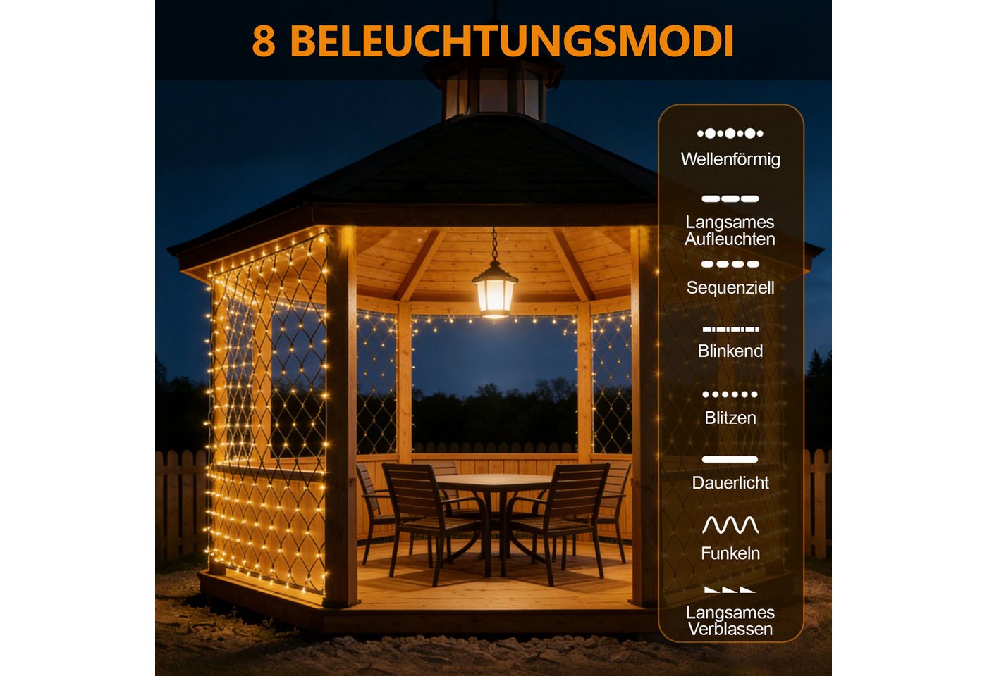 OZAVO LED-Lichternetz 3x2m,200 LED Lichterkette Außen mit Fernbedienung & Timer & 8 Modi, 200-flammig, Wasserdicht Lichternetz Innen für Büsche, Garten, Balkon  – Bild 3 von 5