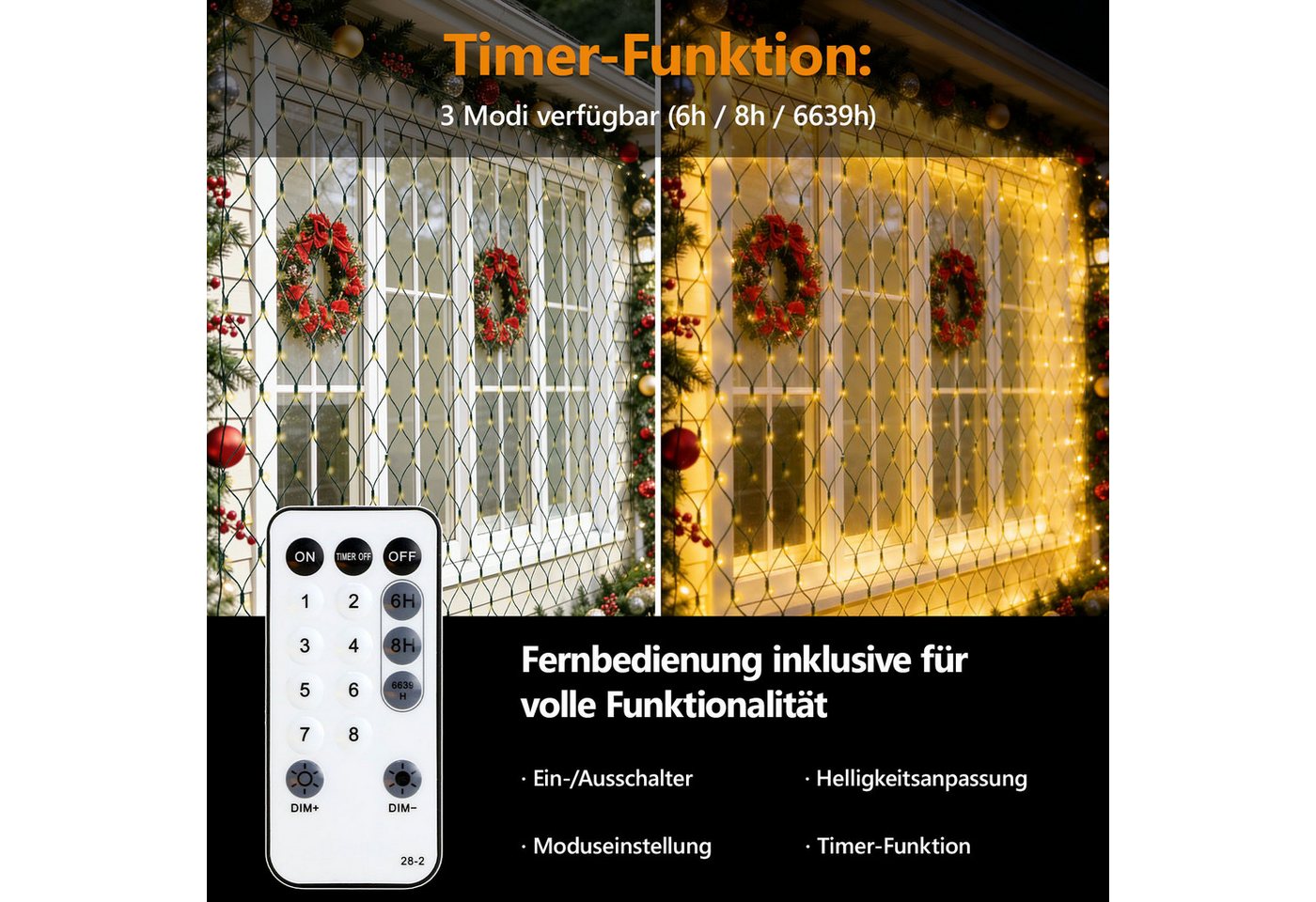 OZAVO LED-Lichternetz 3x2m,200 LED Lichterkette Außen mit Fernbedienung & Timer & 8 Modi, 200-flammig, Wasserdicht Lichternetz Innen für Büsche, Garten, Balkon  – Bild 4 von 5