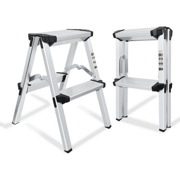 OZAVO Trittleiter 2/3 Stufen Aluminium Klapptritt,Haushaltleiter,bis 150 kg (Stehleiter beidseitig begehbar, Zweiseitige Aluleiter, Stufenstehleiter Mit rutschf