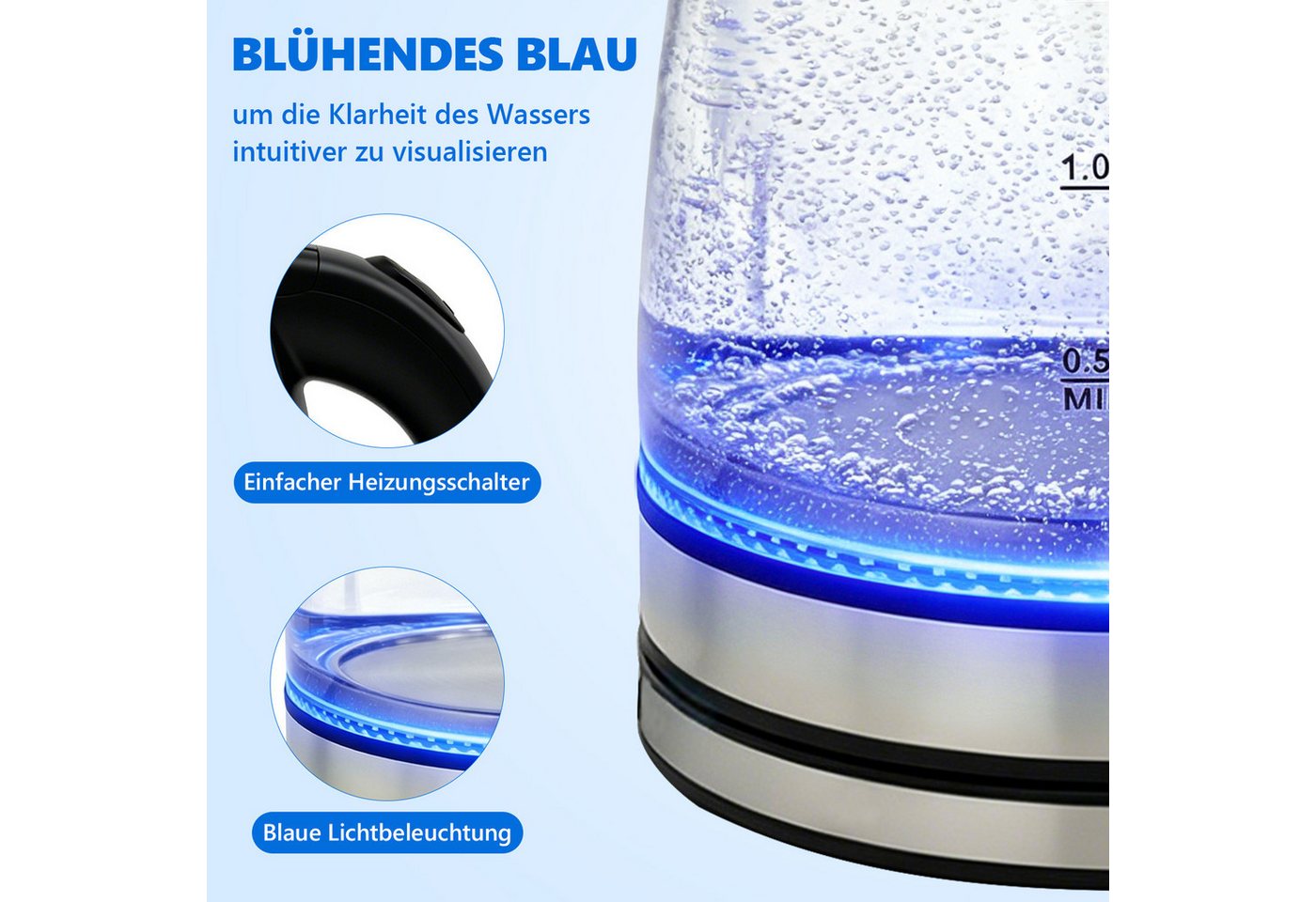 OZAVO Wasserkocher Glas 1,8L 1500Wmit LED-Beleuchtung 360° Edelstahl Sockel, 1500 W, Trockenlaufschutz & Abschaltautomatik, 100% BPA Frei – Bild 5 von 5