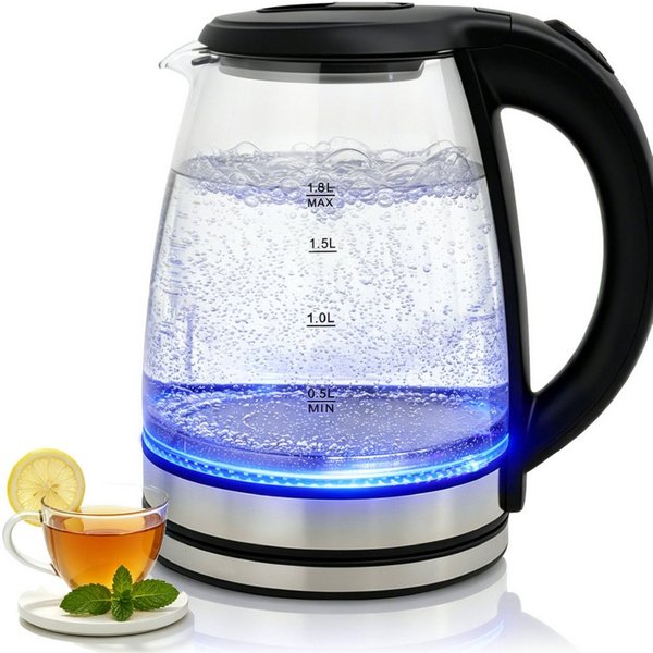 OZAVO Wasserkocher Glas 1,8L 1500W mit LED-Beleuchtung 100% BPA Frei, 1500 W, 360° Edelstahl Sockel,Trockenaufschutz