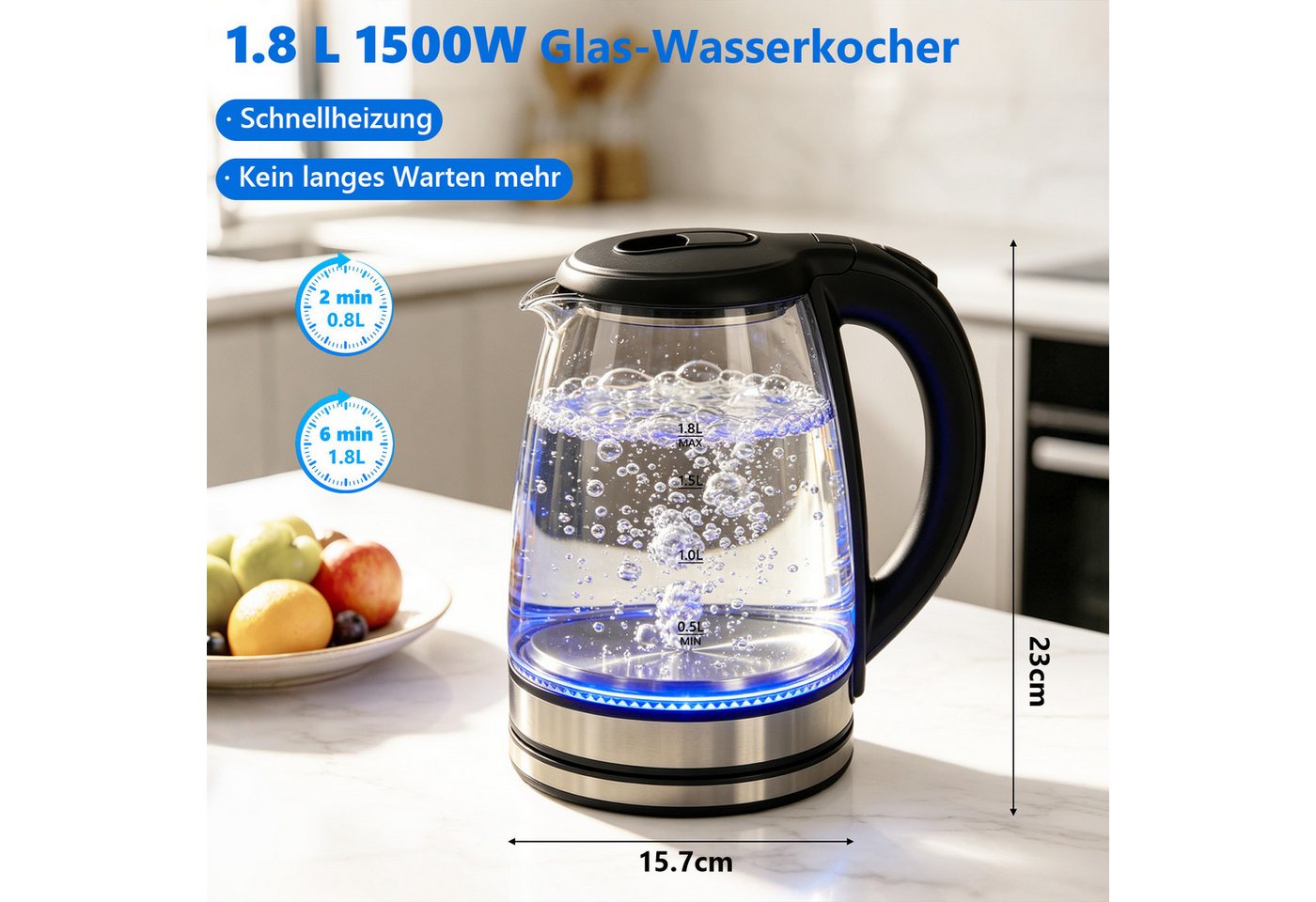 OZAVO Wasserkocher Glas 1,8L 1500W mit LED-Beleuchtung 100% BPA Frei, 1500 W, 360° Edelstahl Sockel,Trockenaufschutz – Bild 2 von 5
