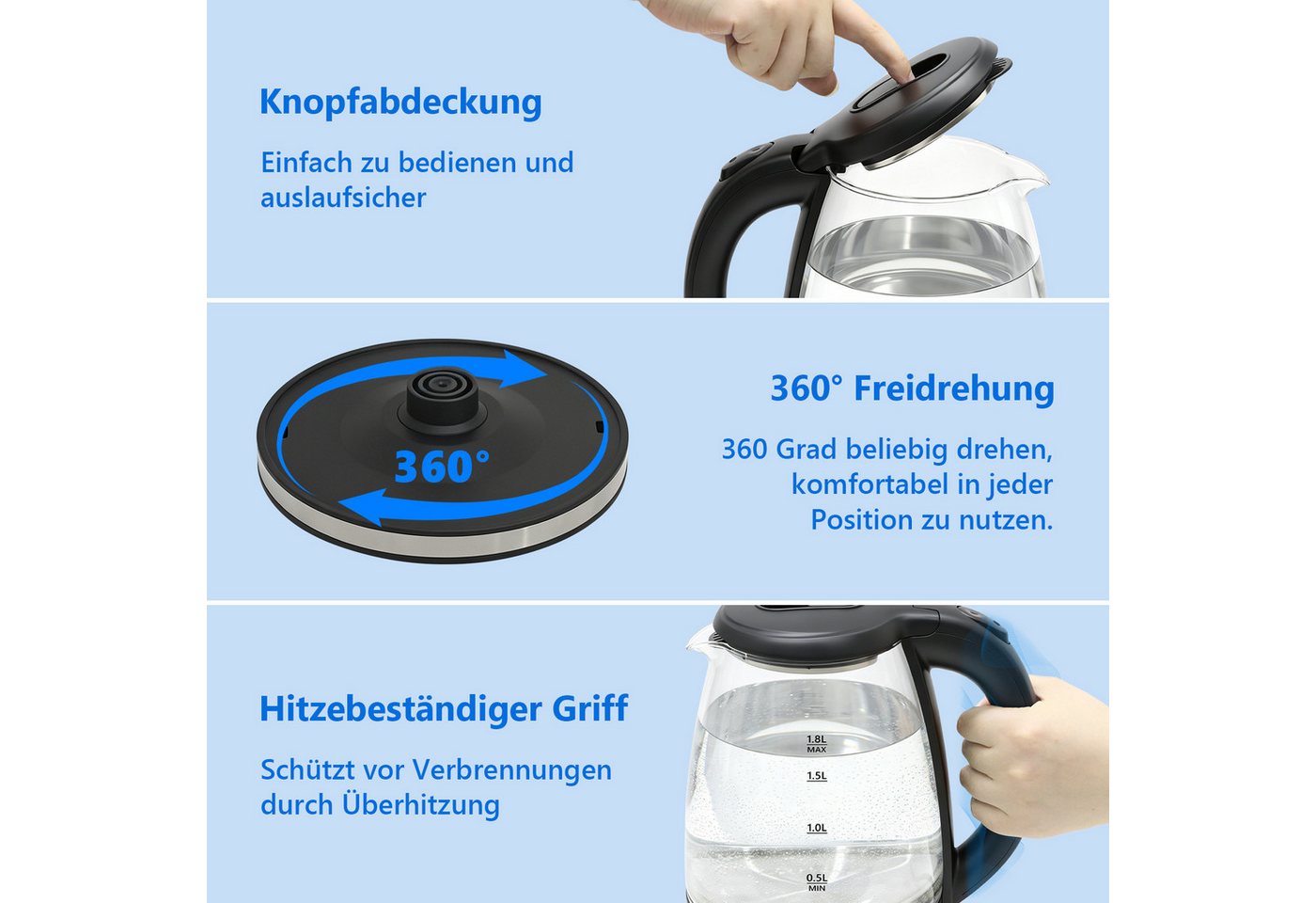 OZAVO Wasserkocher Glas 1,8L 1500W mit LED-Beleuchtung 100% BPA Frei, 1500 W, 360° Edelstahl Sockel,Trockenaufschutz – Bild 3 von 5
