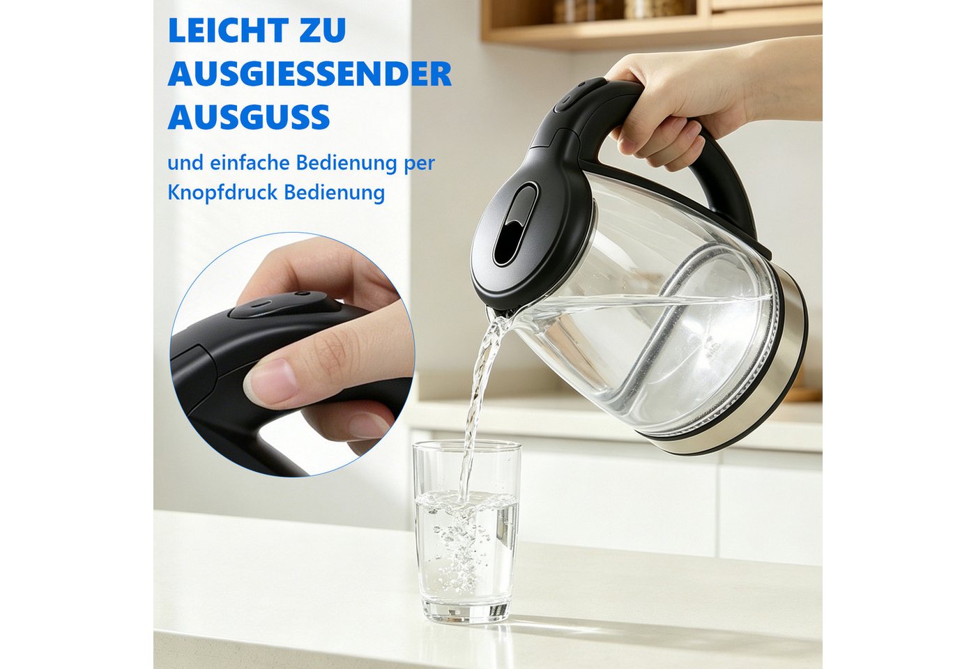 OZAVO Wasserkocher Glas 1,8L 1500W mit LED-Beleuchtung 100% BPA Frei, 1500 W, 360° Edelstahl Sockel,Trockenaufschutz – Bild 4 von 5