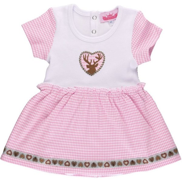 P.Eisenherz Kurzarmbody Dirndl Body''Hirsch'', rosa/weiß mit angenähtem Karo-Röckchen