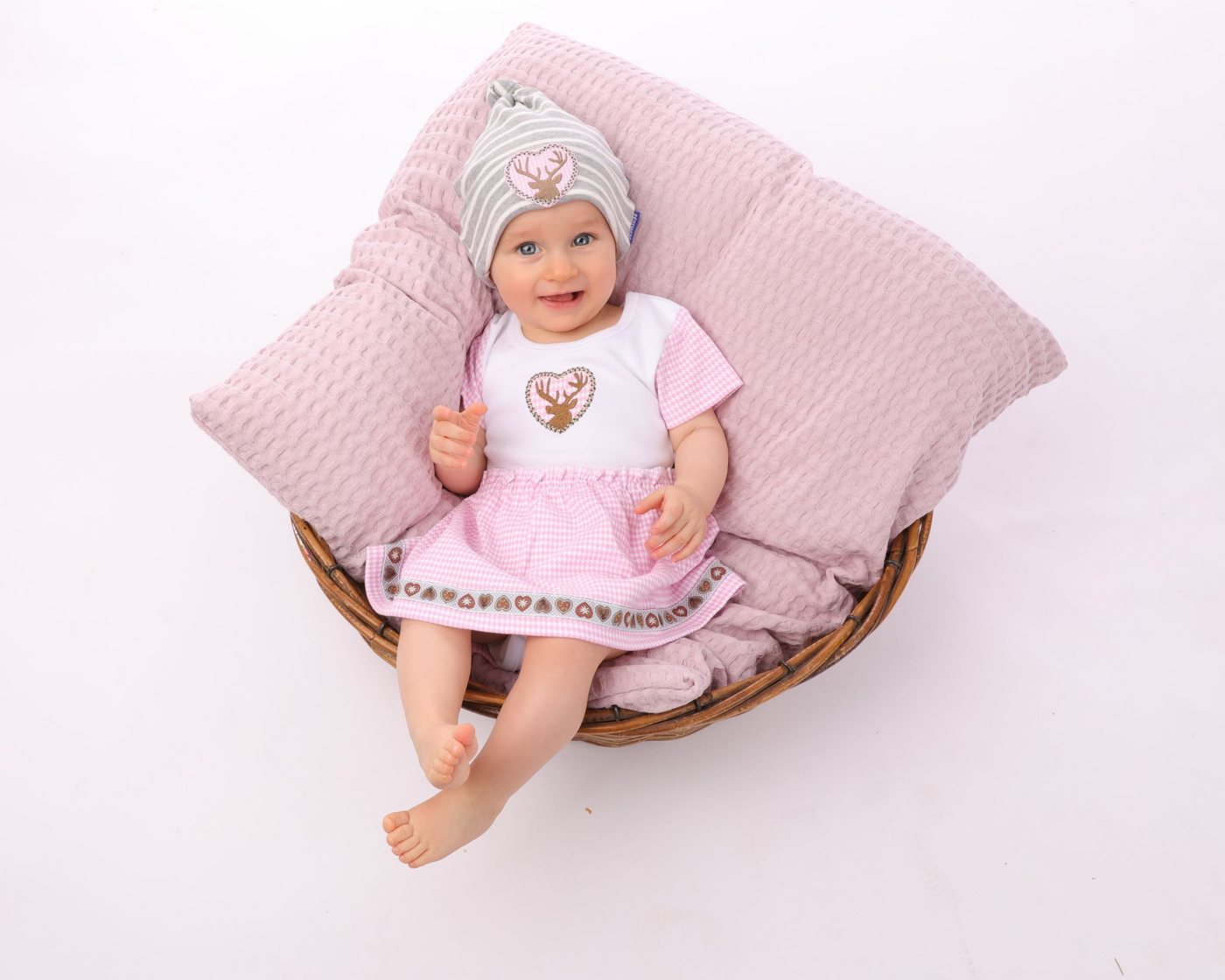 P.Eisenherz Kurzarmbody Dirndl Body''Hirsch'', rosa/weiß mit angenähtem Karo-Röckchen – Bild 2 von 5