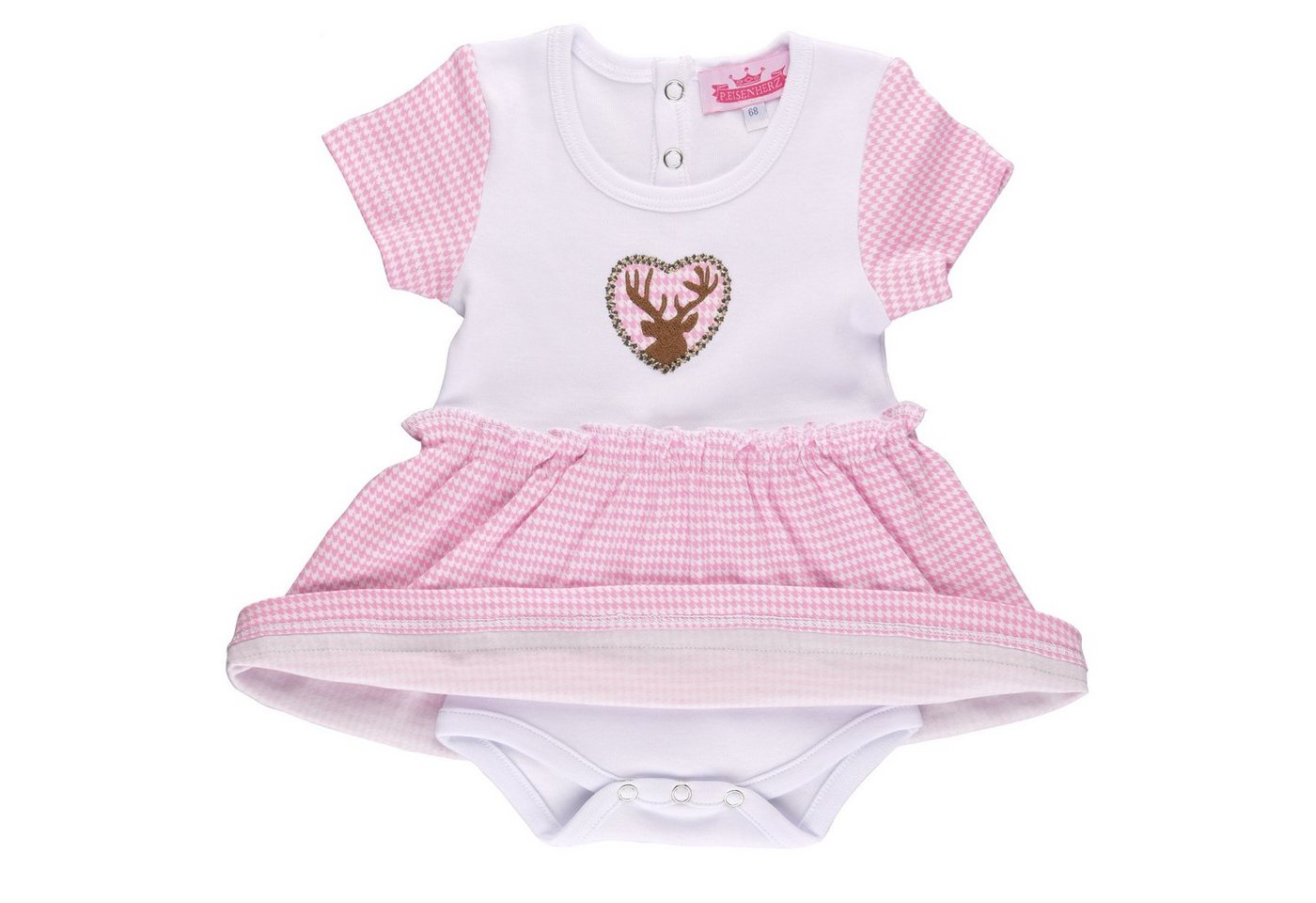 P.Eisenherz Kurzarmbody Dirndl Body''Hirsch'', rosa/weiß mit angenähtem Karo-Röckchen – Bild 3 von 5