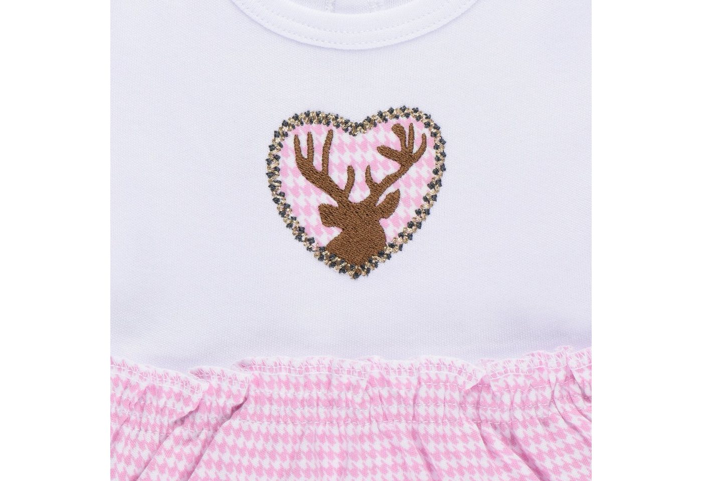 P.Eisenherz Kurzarmbody Dirndl Body''Hirsch'', rosa/weiß mit angenähtem Karo-Röckchen – Bild 5 von 5