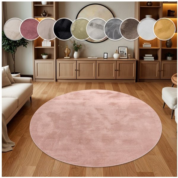Paco Home Fellteppich Kunstfell Soft 380, rund, Höhe: 14 mm, Langflor, Kuschelteppich - besonders weich, Uni-Farben